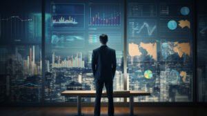 Empresário observando transformação de dados digitais, representando a integração de ERP e vendas digitais por um único parceiro para otimização e sucesso online.